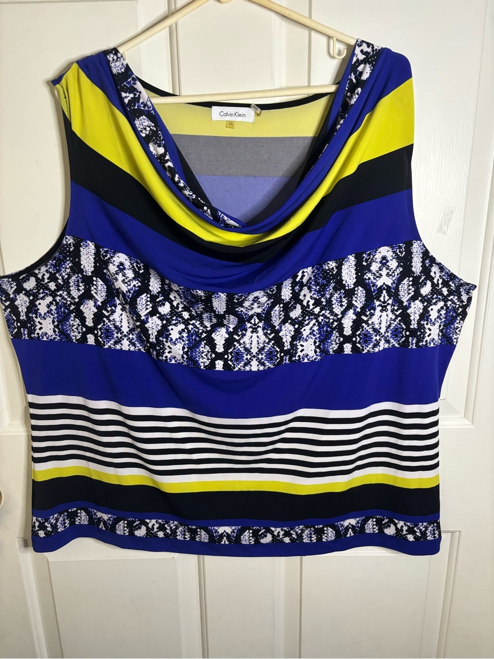 Calvin Klein Blue, Yellow & Black Striped Cowl Tank